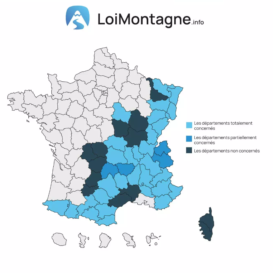 Carte de la France aec les dépoartements concernés par la Loi Montagne